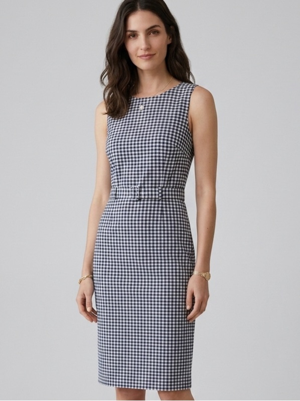 J.CREW GINGHAM Navy White Dress Preppy Sleeveless Belted Knee Length Summer 00